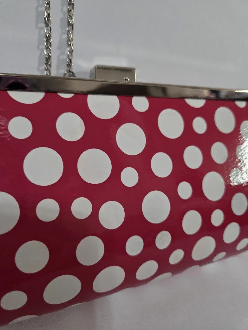 Neiman Marcus Pink White Polka Dot Patent Clutch Purse With Chain Strap